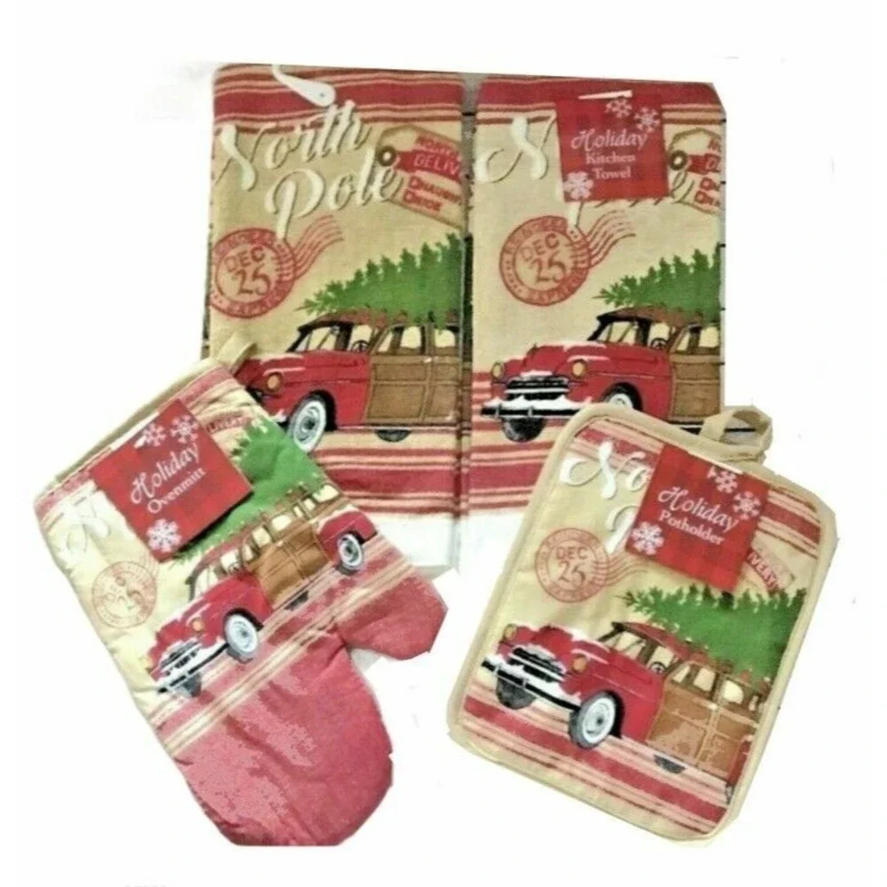 Christmas Kitchen Dish Towels Potholder Oven Mitt Set of 4 Woody Car North Pole